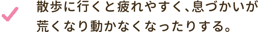 散歩に行くと疲れやすく、息づかいが荒くなり動かなくなったりする。